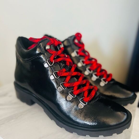 SCHUTZ Patent Leather Hiking Boots Booties, Red Laces/Black, Size 6.5, NWOT - Picture 3 of 17